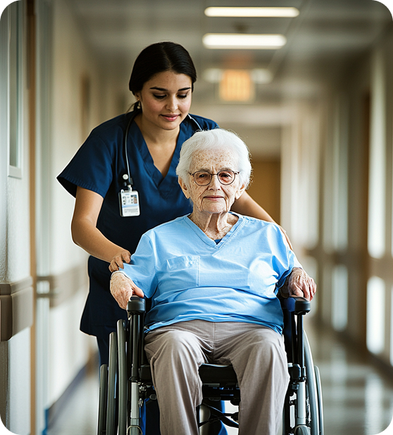 CNA helping elderly patient in wheelchair